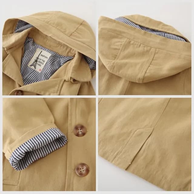 【橘魔法】翻領卡其風衣排扣連帽外套(連帽可拆 長袖外套 風衣 中性款 男童 女童 兒童 童裝)