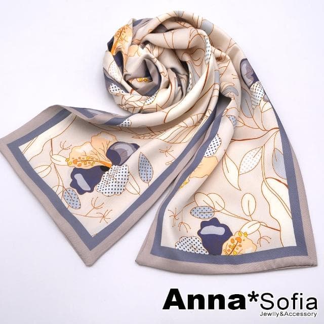 【AnnaSofia】仿絲領巾絲巾圍巾-線框扶桑緞面 現貨(粉米底系)