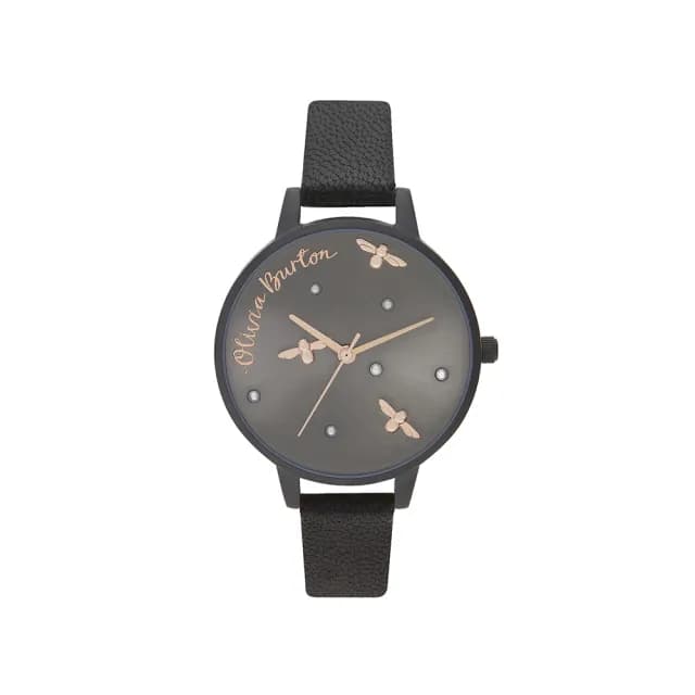 【Olivia Burton】Pearly Queen系列-黑殼3D灰面霧黑皮帶腕錶-34mm(OB16PQ02)