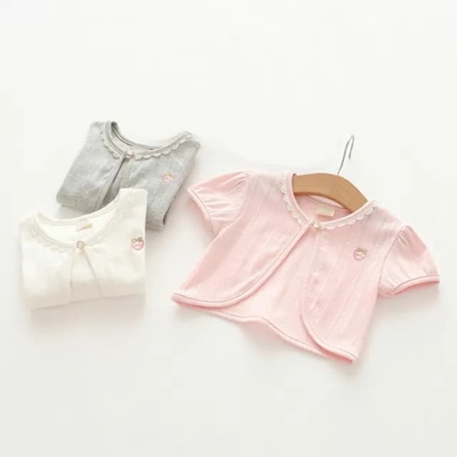 【橘魔法】草莓刺繡蕾絲滾邊簍空單扣小外套(短袖外套 蕾絲外套 女童 兒童 童裝 洋裝百搭 禮服)