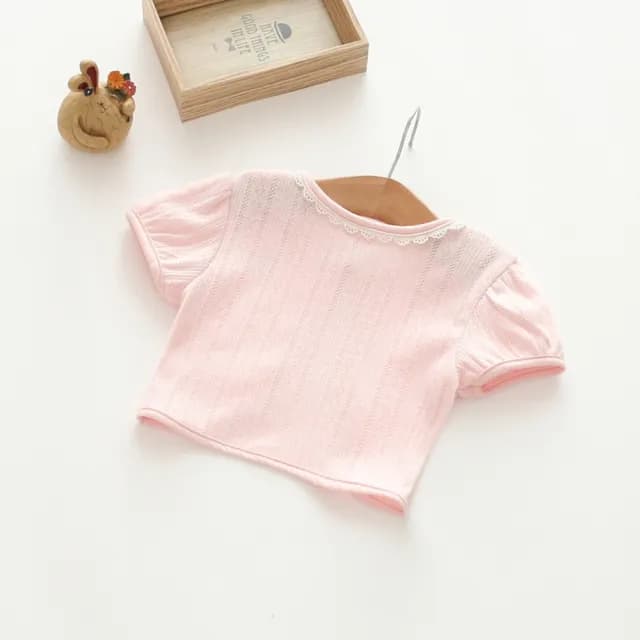 【橘魔法】草莓刺繡蕾絲滾邊簍空單扣小外套(短袖外套 蕾絲外套 女童 兒童 童裝 洋裝百搭 禮服)