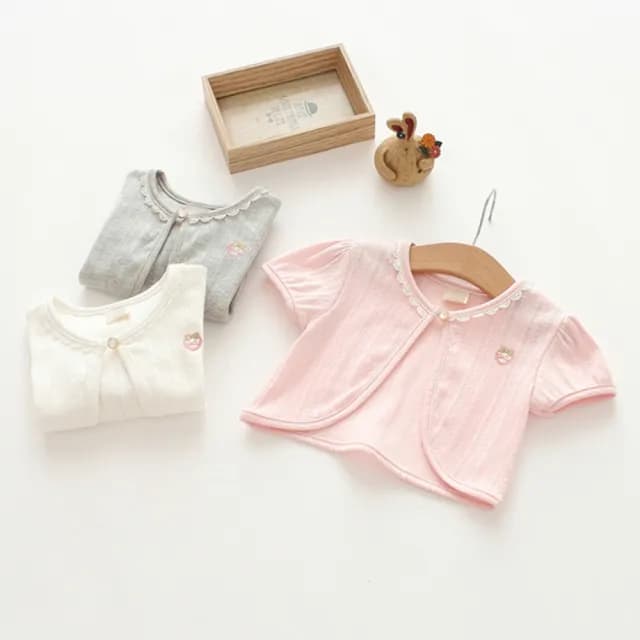 【橘魔法】草莓刺繡蕾絲滾邊簍空單扣小外套(短袖外套 蕾絲外套 女童 兒童 童裝 洋裝百搭 禮服)