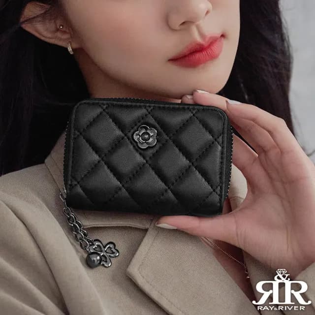 【2R 手工真皮】綿霜羊皮 Kerry 菱格設計多隔層零錢包 經典黑(皮夾)