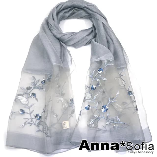 【AnnaSofia】真絲羊毛混紡大尺寸披肩絲巾圍巾-沁梅曲葉 現貨(灰系)