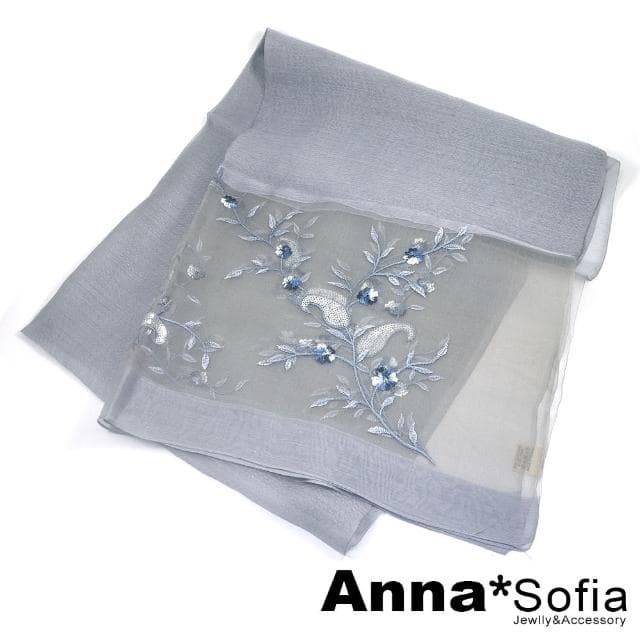 【AnnaSofia】真絲羊毛混紡大尺寸披肩絲巾圍巾-沁梅曲葉 現貨(灰系)