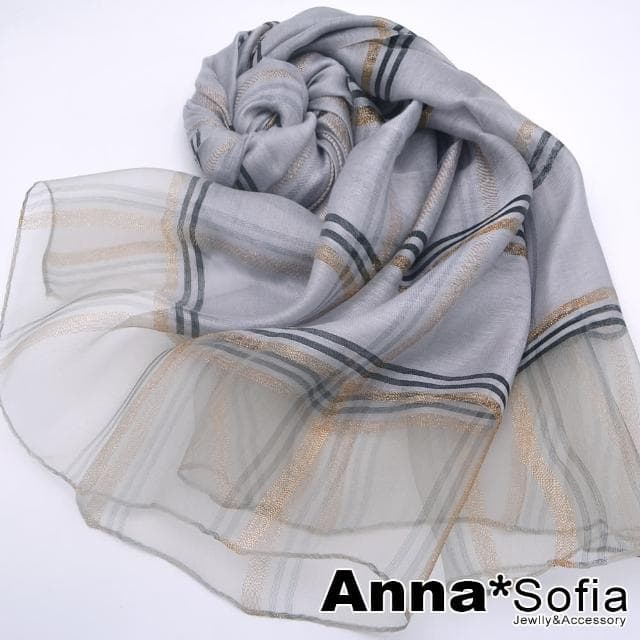 【AnnaSofia】真絲羊毛混紡大尺寸披肩絲巾圍巾-金絲線格紋 現貨(淺灰系)