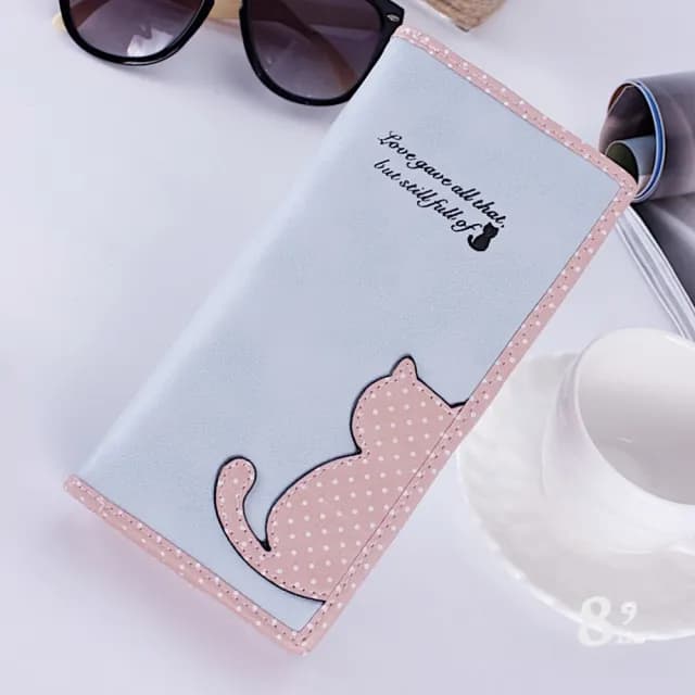 【89 zone】雙11 韓版時尚可愛撞色貓咪波點 長款錢包 手拿包 零錢包 錢夾 皮夾 長夾(藍/粉/黑)