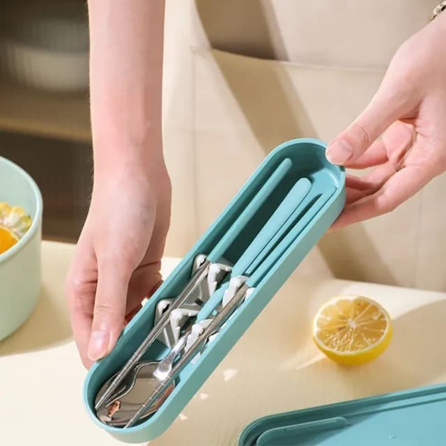 【midou】時尚莫蘭迪304不鏽鋼環保3件式餐具買1送1(304餐具組 外出型304環保餐具 304不鏽鋼湯匙筷子叉子組)