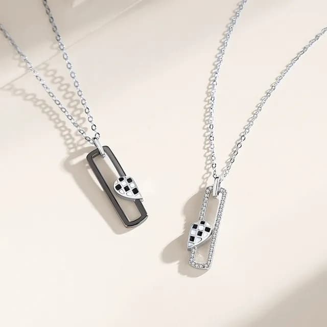 【米蘭精品】現貨+預購 925純銀項鍊情侶對鍊(心動相吸黑白格愛心生日聖誕節交換禮物74cj63)