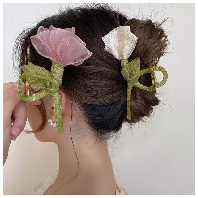 【HaNA 梨花】母親節禮物 韓國粉色愛戀．手工緞帶鬱金香抓夾(抓夾 韓國髮夾 鯊魚夾)