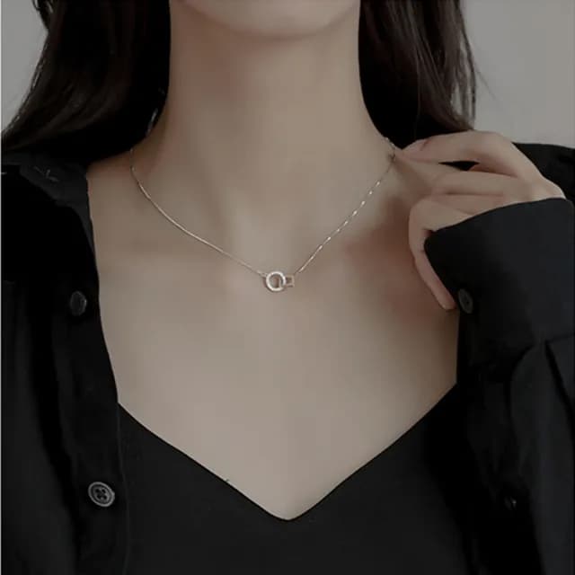 【Umi】韓式東大門圓圈方形扣微鑲鑽造型簡約奢華時尚優雅百搭銀項鍊(韓劇精緻情人節禮物)