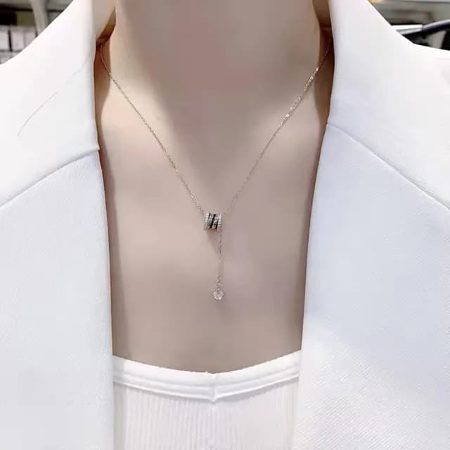 【Umi】滾輪微鑲鑽Y字鏈單鑽奢華時尚優雅百搭銀項鍊406(韓劇 精緻情人節禮物)