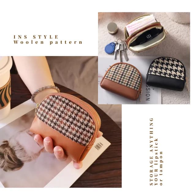 【質感卡包】雙11 ins風千鳥紋雙層零錢包(小皮包 耳機包 鑰匙包 飾品包 小物收納包 硬幣