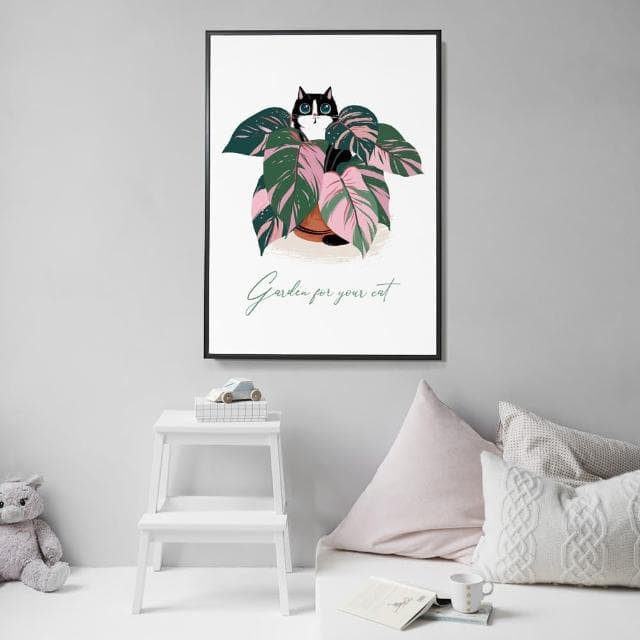 【菠蘿選畫所】花園裏的貓•竹芋 - 42x60cm(客廳 掛畫/療癒/小貓/文創/交換禮物/客廳 掛畫/房間佈置)