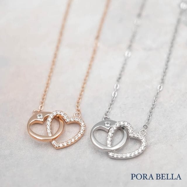 【Porabella】925純銀鋯石項鍊 雙心雙環造型 心型純銀項鍊 情人節禮物 告白 生日禮物 Necklace