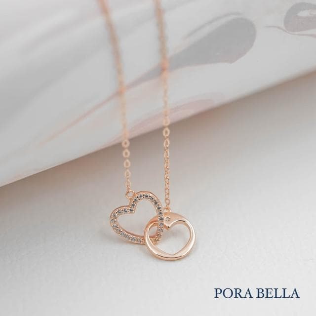 【Porabella】925純銀鋯石項鍊 雙心雙環造型 心型純銀項鍊 情人節禮物 告白 生日禮物 Necklace
