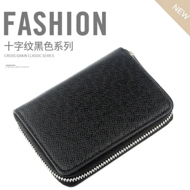 【歐美氣質】十字紋多層防刮零錢包(簡約 短夾 皮夾 票卡夾 拉鍊包 證件套 男用皮夾