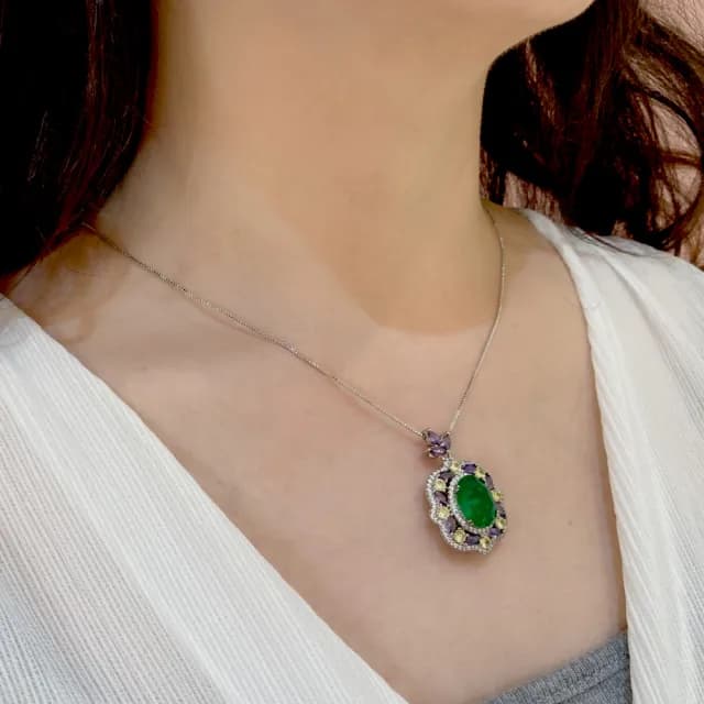 【Emmas愛馬飾】精工3A鋯石招財碧綠黃寶石墜鏈(母親節禮物)