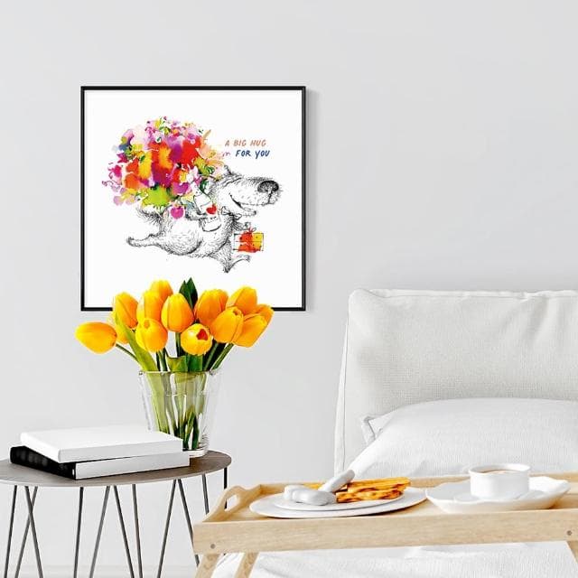 【菠蘿選畫所】送禮一個大擁抱-60x60cm(鮮花可愛小狗插畫/情人節禮物/週年紀念禮物/邊櫃擺設)