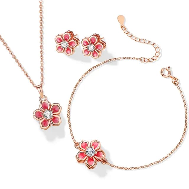 【巴黎精品】現貨+預購 925純銀項鍊櫻花三件套(桃花耳環鋯石生日情人節禮物女飾品v1ar89)
