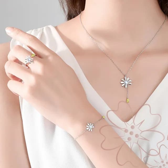 【巴黎精品】現貨+預購 925純銀項鍊琉璃三件套(小雛菊太陽花戒指生日情人節禮物女飾品v1ar20)