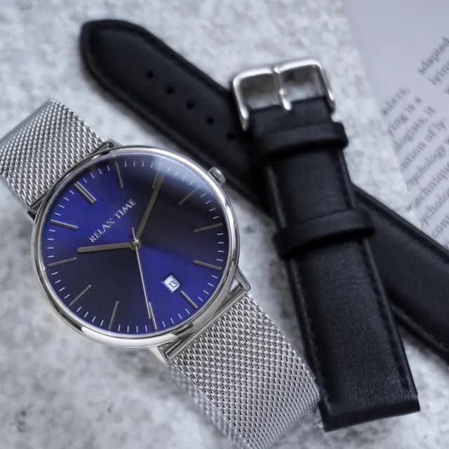 【Relax Time】極簡大三針日期手錶-藍/40mm 加贈皮帶 禮物 送禮 推薦(RT-97-2M)