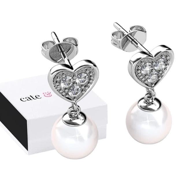 【Cate&Chloe】施華洛世奇愛心水鑽白金珍珠耳環