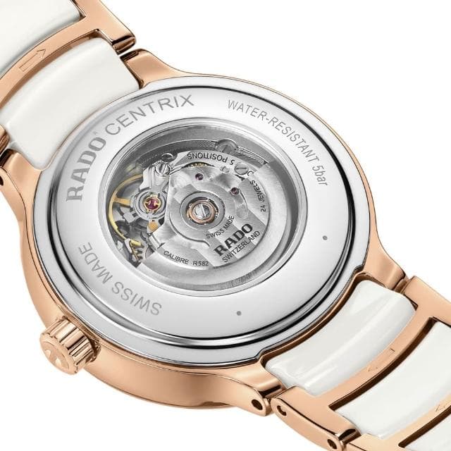 【Rado 雷達表】Centrix晶萃真鑽自動機械腕錶-白陶瓷x玫瑰金色 R02送禮推薦(R30019744)