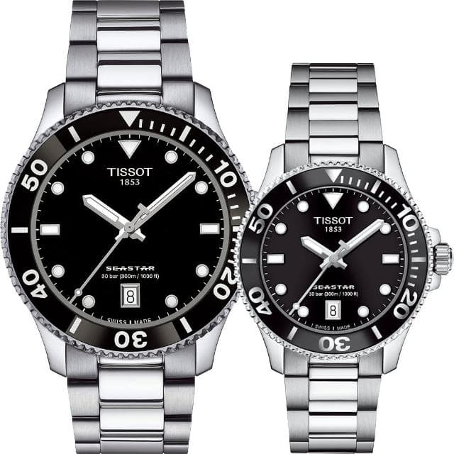 【TISSOT 天梭】Seastar 1000 海洋之星300米潛水錶 情侶手錶 情人節 禮物(T1204101105100+T1202101105100)