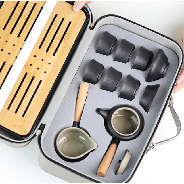 【Life shop】陶瓷側把壺旅行茶具套組/附收納包(茶具 旅行泡茶 泡茶茶杯 交換禮物 茶器套裝組)