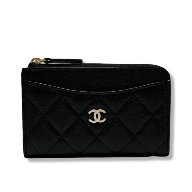【CHANEL 香奈兒】經典款 雙C L型拉鍊錢包/卡包(黑色 x 荔枝紋牛皮 x 淡金釦)