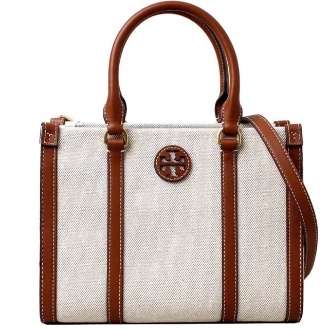 【TORY BURCH】專櫃款經典縫線LOGO帆布小托特包(米棕色)