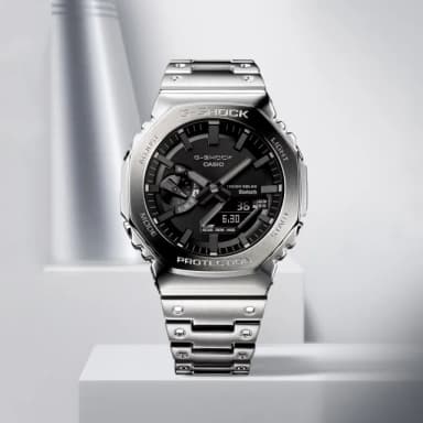 【CASIO 卡西歐】G-SHOCK 八角 全金屬版 太陽能藍芽連線雙顯手錶-銀 送禮 禮物 推薦(GM-B2100D-1A)