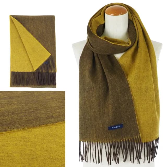【日本SOLEIL】100%純羊毛芥末黃咖啡撞色拚色兩面雙色頂級設計柔軟保暖圍巾披肩(美麗諾羊毛)