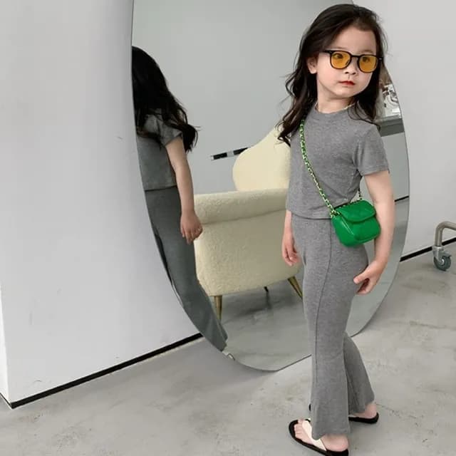 【橘魔法】休閒好顯身蛇骨紋短袖上衣+修身喇叭褲 (套裝 女童 褲子 長褲 兒童 童裝)