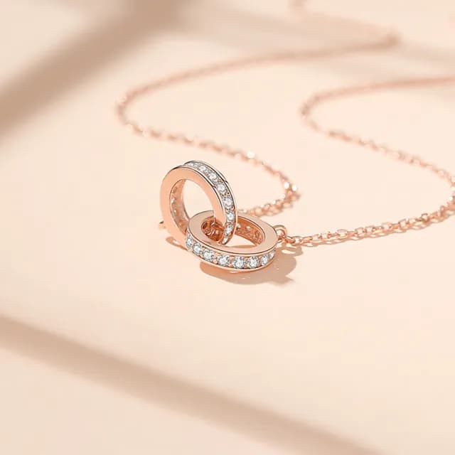 【VERDNIA】925純銀奢華時尚優雅百搭純銀項鍊 雙圈雙環扣環鎖微鑲鑽(玫瑰金)