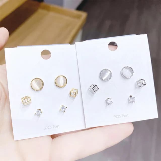 【Umi】1卡3對925純銀針星球圓形白色貓眼石魔術方塊奢華時尚優雅百搭銀耳環043(微鑲鑽韓劇純色耳釘針扣)