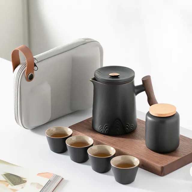 【Camping Box】邃木感木柄旅行茶杯茶壺6件組(旅行茶具組 露營茶具組 母親節禮物)