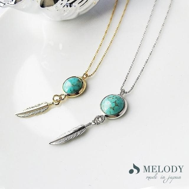 【日本MELODY ACCESSORY】日本製典雅浪漫奢華百搭日式輕珠寶綠松石土耳其石羽毛銀項鍊 附延長鏈(銀色)
