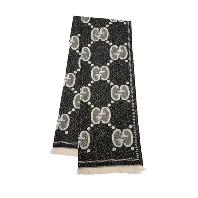 【GUCCI 古馳】經典 GG緹花LOGO 黑色/象牙色 羊毛 圍巾(5989933GC151078)