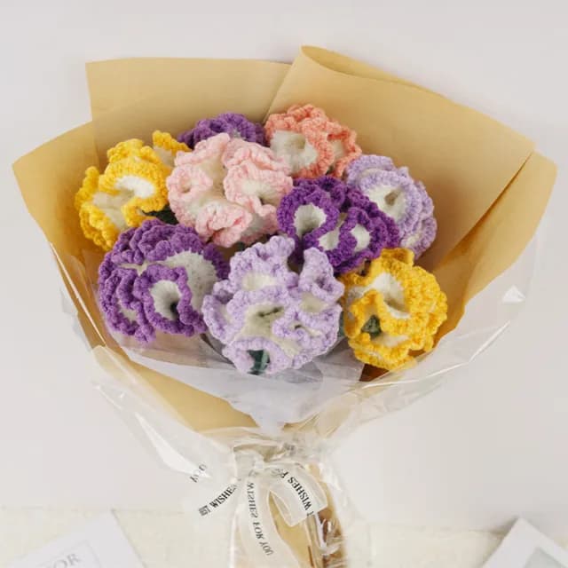 【百獅】編織花 康乃馨 手作花束 媽媽生日禮物(手工編織花 成品手工編織康乃馨花 自制毛線鉤針花)