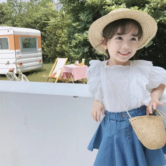 【橘魔法】清新蕾絲荷葉蓬袖上衣+飄逸牛仔裙 (套裝 裙子 牛仔裙 裙子 女童 兒童 中童 童裝)