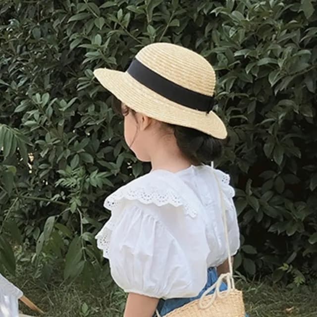 【橘魔法】清新蕾絲荷葉蓬袖娃娃衫 (短袖上衣 上衣 女童 兒童 中童 童裝)