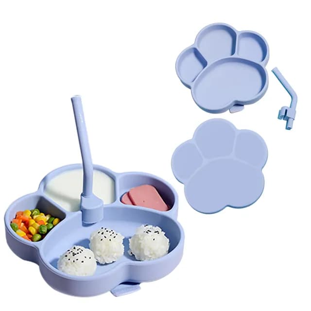 【寶寶訓練】食品級矽膠貓爪兒童餐盤-附吸管(可微波 防滑 吸盤碗 嬰兒 分格餐盤 兒童餐具 環保餐具 學習碗)