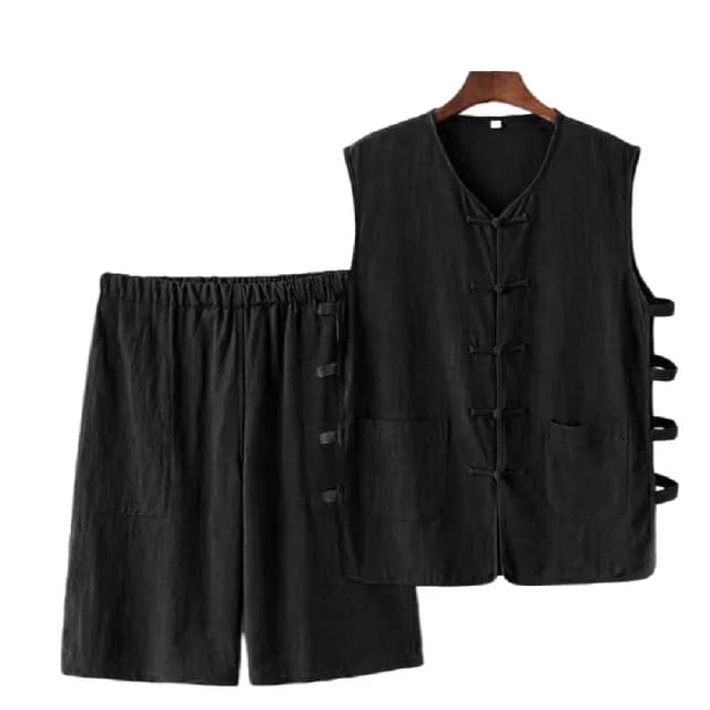 【巴黎精品】父親節禮物 新中式 唐裝漢服套裝兩件套(中國風棉麻背心復古短褲男套裝8色a1bx45)