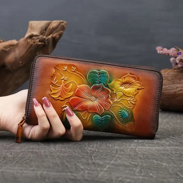 【米蘭精品】情人節禮物現貨+預購 真牛皮長夾真皮錢包短夾手拿包女包包(牛皮復古民族風壓花女皮夾3色74ei7)