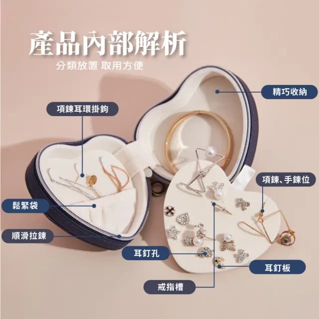 【心心相映】翻蓋式愛心造型皮革首飾盒(防水防塵 旅行便攜 飾品收納盒 珠寶盒 小物 手鏈 戒指 項鏈 耳環)