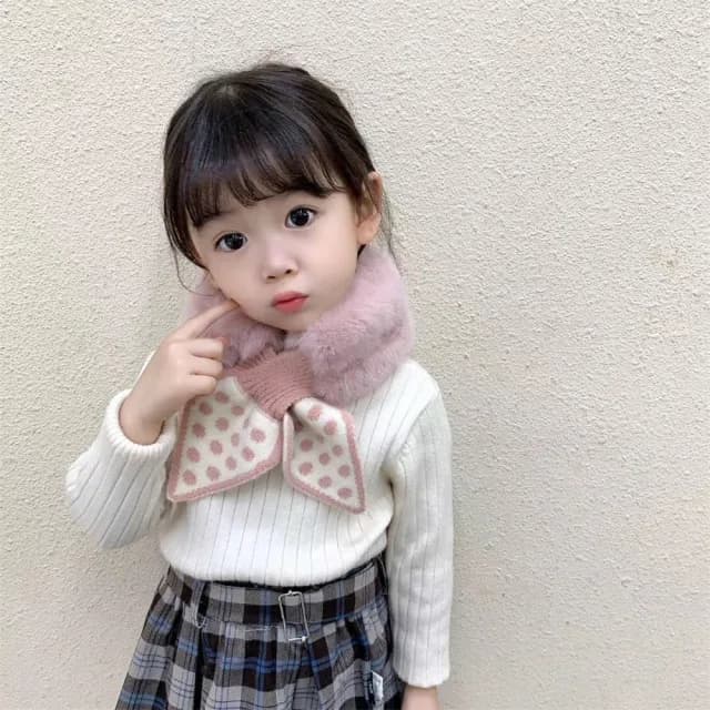 【安朵童舖】現貨韓版兒童毛絨圍巾圓點拼接毛絨圍巾女童毛絨小領圍巾(44)
