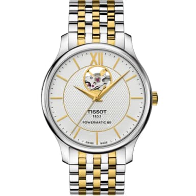 【TISSOT 天梭 官方授權】Tradition 80小時動力鏤空機械腕錶-銀x雙色/40mm 情人節 禮物(T0639072203800)