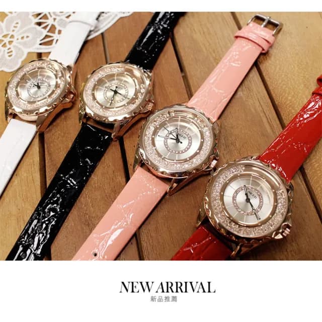 【微笑安安】香港品牌KEZZI＊雙圈滑動晶鑽皮帶女錶(共4色)